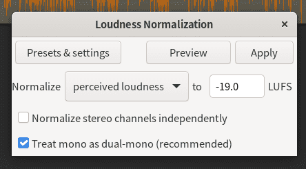Audacity Loudness Normalization settings for podcast episode export