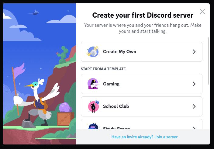 Discord create server screenshot